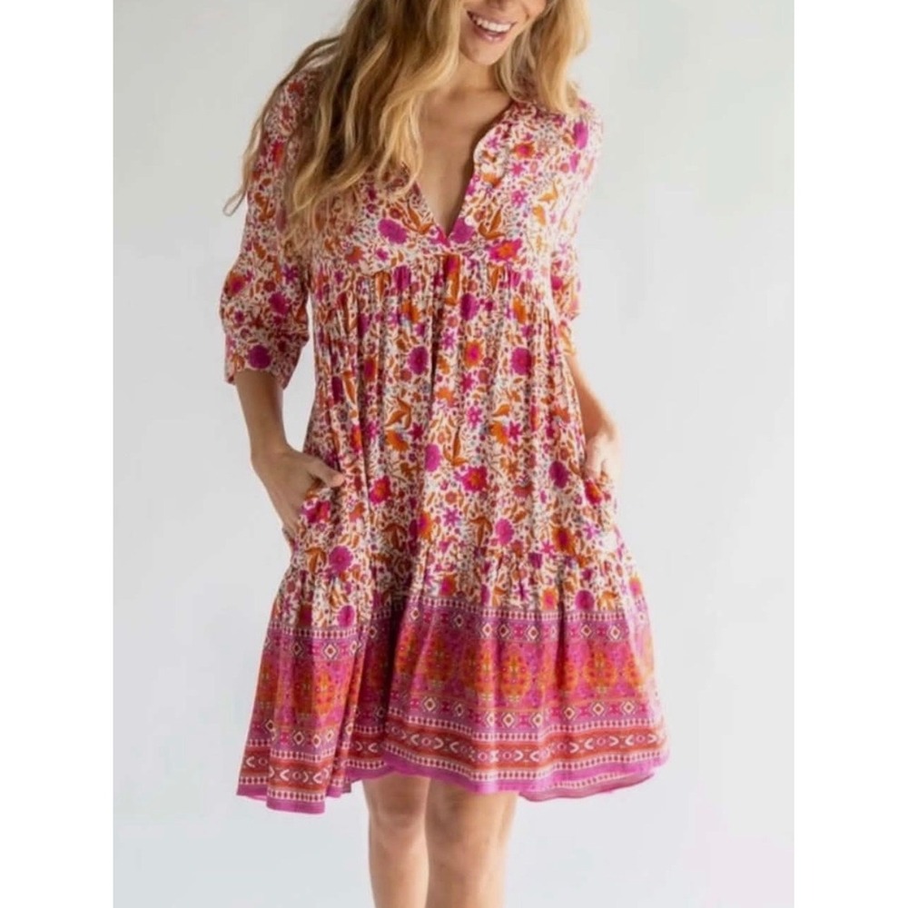 Natural Life Floral Tiered Boho Mini Dress Pink Orange Rayon Small whimsi dainty